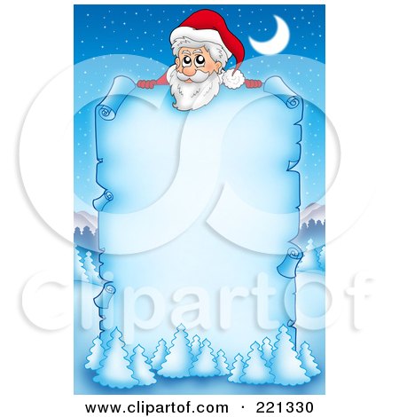 Royalty-Free (RF) Clipart Illustration of Santa Looking Over A Frozen Blue Parchment Sign With Snow Flocked Trees by visekart