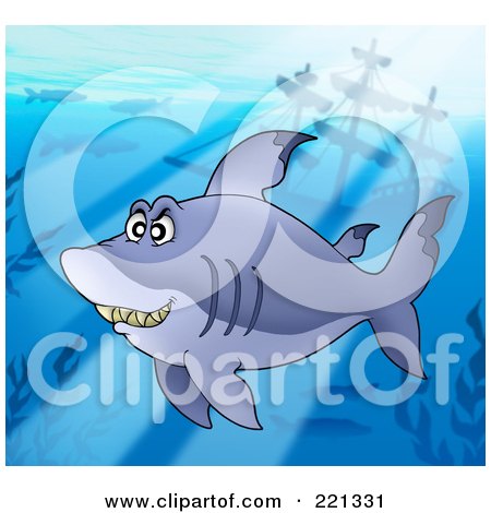 Royalty-Free (RF) Clipart Illustration of a Chubby Shark Swimming Near A Sunken Ship, With Rays Of Sunshine by visekart