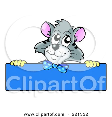 Royalty-Free (RF) Clipart Illustration of a Gray Cat Looking Over A Blank Blue Sign by visekart
