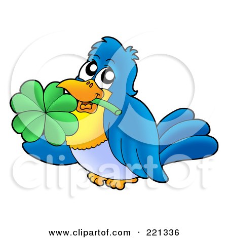 Royalty-Free (RF) Clipart Illustration of a Blue Bird Holding A Clover In His Mouth by visekart