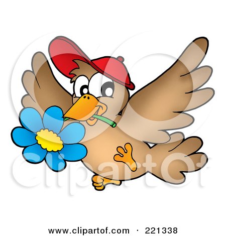 Royalty-Free (RF) Clipart Illustration of a Brown Bird Wearing A Hat And Carrying A Blue Daisy by visekart