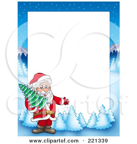 Royalty-Free (RF) Clipart Illustration of a Christmas Frame Border Of Santa Carrying A Tree With A Winter Landscape Around White Space by visekart