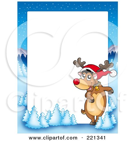 Royalty-Free (RF) Clipart Illustration of a Dancing Reindeer Border With Flocked Trees Around White Space by visekart