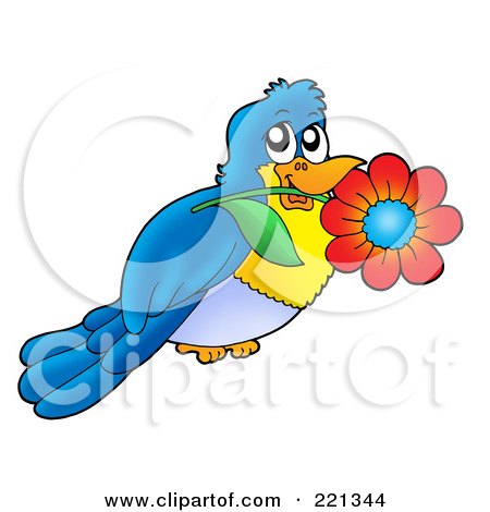 Royalty-Free (RF) Clipart Illustration of a Blue Bird Holding A Flower In His Mouth by visekart