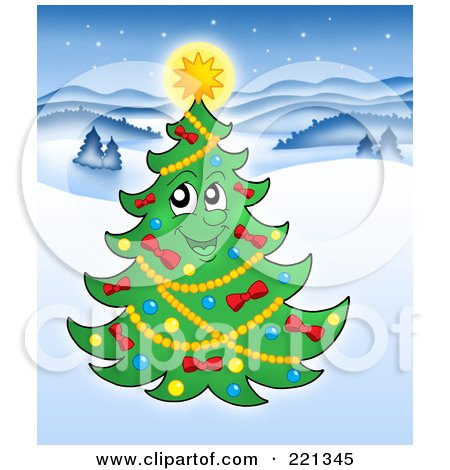 Royalty-Free (RF) Clipart Illustration of a Happy Xmas Tree Character With A Glowing Star In A Winter Landscape by visekart