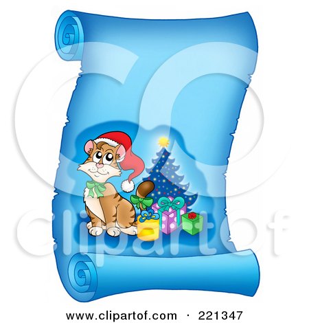 Royalty-Free (RF) Clipart Illustration of a Christmas Cat On A Frozen Blue Parchment Scroll Page by visekart