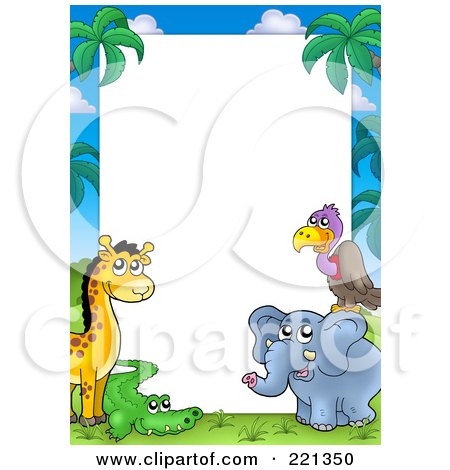 Royalty-Free (RF) Clipart Illustration of a Border Frame Of A Giraffe, Vulture, Alligator And Elephant Around White Space by visekart
