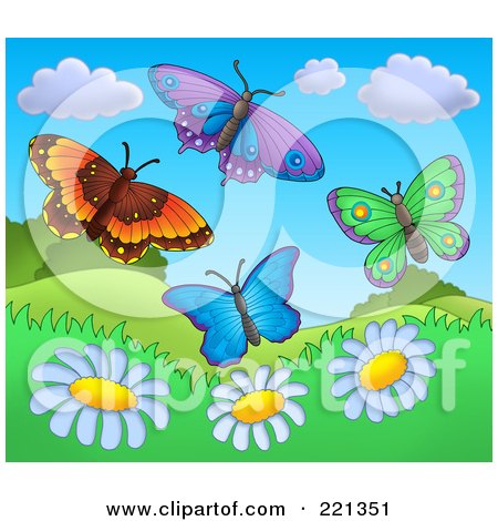 Royalty-Free (RF) Clipart Illustration of Four Butterflies Above Daisy Hills by visekart