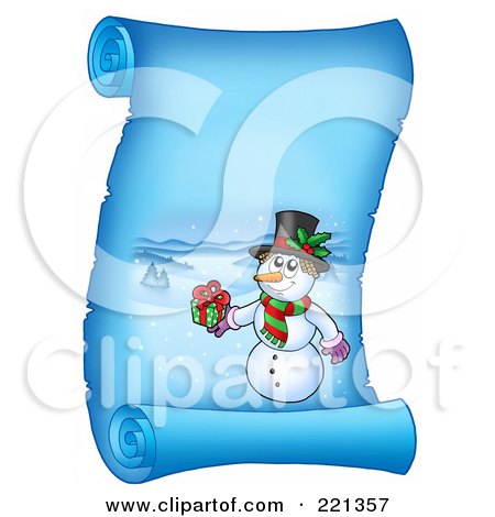 Royalty-Free (RF) Clipart Illustration of a Snowman Holding A Gift On A Frozen Blue Parchment Scroll Page by visekart