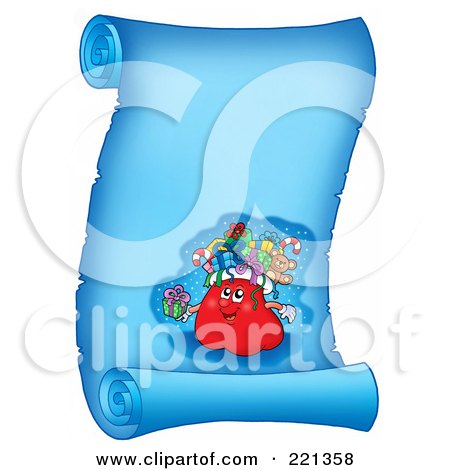 Royalty-Free (RF) Clipart Illustration of Santas Sack On A Frozen Blue Parchment Scroll Page by visekart