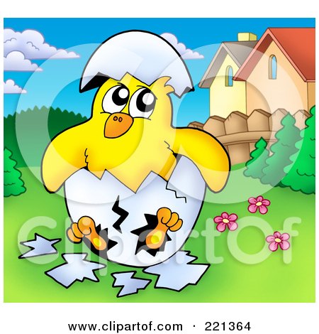 Royalty-Free (RF) Clipart Illustration of a Hatching Chick In A Yard by visekart