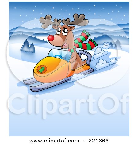 Royalty-Free (RF) Clipart Illustration of a Red Nosed Reindeer Riding A Snowmobile In A Winter Landscape by visekart