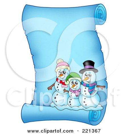 Royalty-Free (RF) Clipart Illustration of a Snowman Family On A Frozen Blue Parchment Scroll Page by visekart