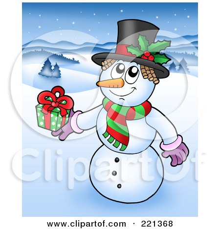 Royalty-Free (RF) Clipart Illustration of a Christmas Snowman Wearing A Top Hat And Holding A Gift In A Winter Landscape by visekart