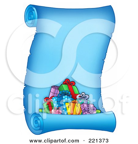 Royalty-Free (RF) Clipart Illustration of a Pile Of Christmas Presents On A Frozen Blue Parchment Scroll Page by visekart
