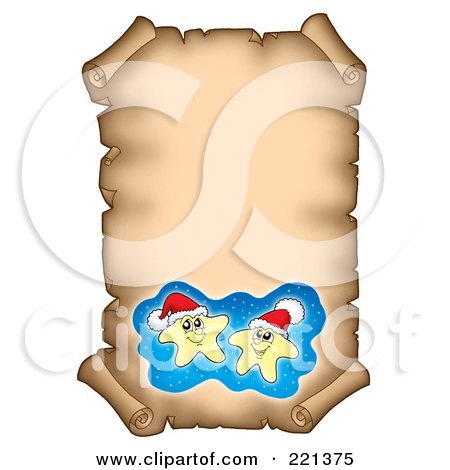 Royalty-Free (RF) Clipart Illustration of Two Christmas Stars On An Aged Parchment Scroll Page by visekart