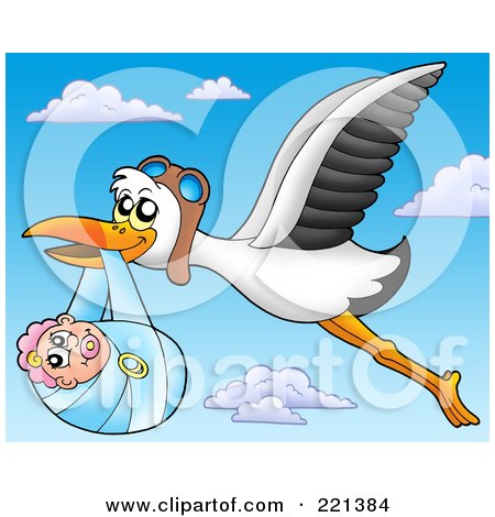 Royalty-Free (RF) Clipart Illustration of a Flying Stork And Baby In The Sky by visekart