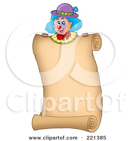 Royalty-Free (RF) Clipart Illustration of a Clown Looking Over A Blank Parchment Page by visekart