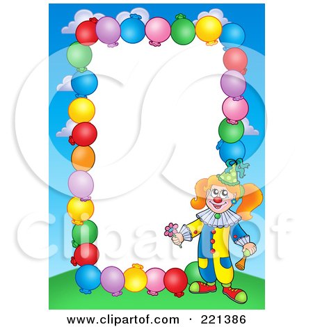 Royalty-Free (RF) Clipart Illustration of a Border Of Party Balloons, Blue Sky And A Clown Around White Space - 1 by visekart