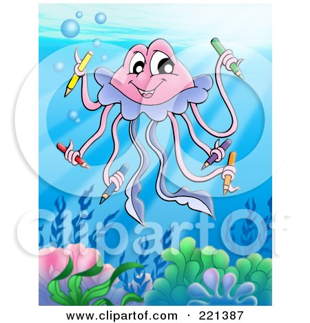 Royalty-Free (RF) Clipart Illustration of a Happy Pink Jellyfish Holding Colored Pencils by visekart
