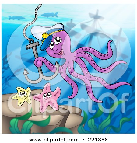 Royalty-Free (RF) Clipart Illustration of a Captain Octopus With An Anchor At The Bottom Of The Sea by visekart