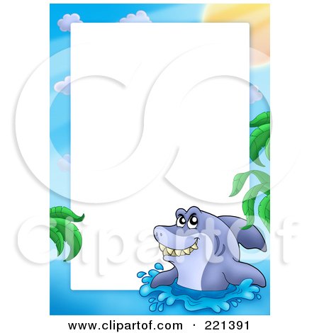 Royalty-Free (RF) Clipart Illustration of a Frame Border Of A Grinning Shark Popping Out Of The Water Around White Space by visekart