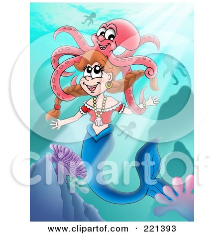 Royalty-Free (RF) Clipart Illustration of a Happy Mermaid Swimming With An Octopus by visekart