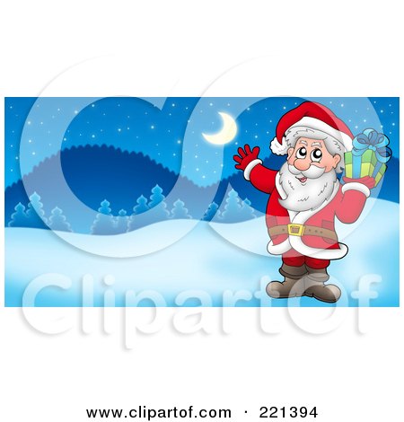Royalty-Free (RF) Clipart Illustration of Santa Holding A Gift And Waving In A Winter Landscape by visekart