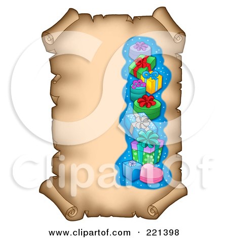 Royalty-Free (RF) Clipart Illustration of a Border Of Christmas Presents On An Aged Parchment Scroll Page by visekart