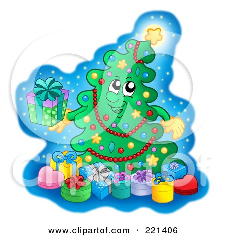 Royalty-Free (RF) Clipart Illustration of a Christmas Tree Character With Gift Boxes - 1 by visekart
