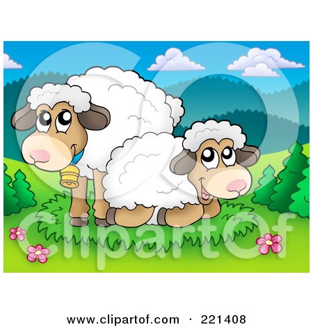 Royalty-Free (RF) Clipart Illustration of a Pair Of Fluffy Sheep In A Green Pasture by visekart