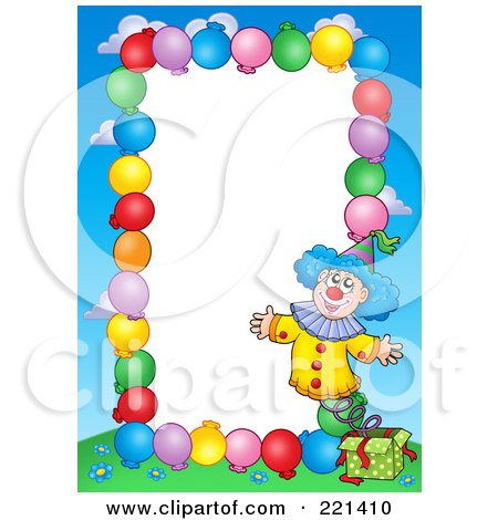 Royalty-Free (RF) Clipart Illustration of a Border Of Party Balloons, Blue Sky And A Clown Around White Space - 3 by visekart