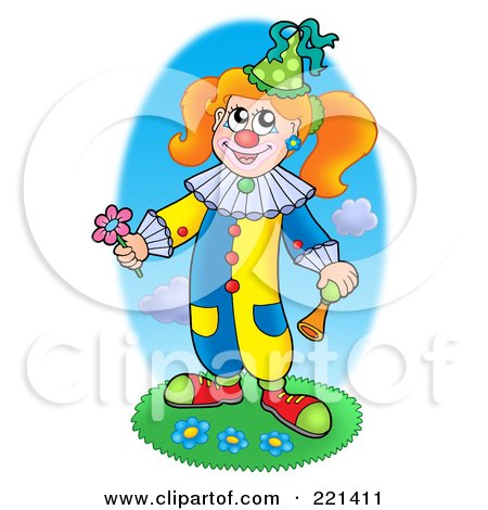 Royalty-Free (RF) Clipart Illustration of a Clown Holding A Horn And Flower by visekart