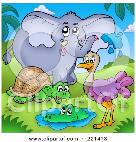 Royalty-Free (RF) Clipart Illustration of a Tortoise, Crocodile, Emu And Elephant by visekart