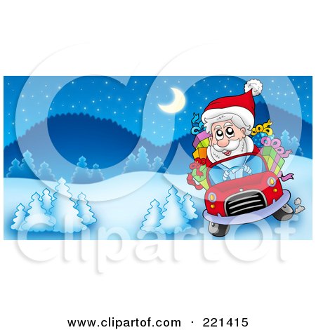 Royalty-Free (RF) Clipart Illustration of Santa Driving A Car In A Winter Landscape by visekart
