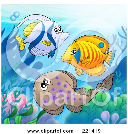 Royalty-Free (RF) Clipart Illustration of Two Marine Fish And A Ray Swimming By A Reef by visekart