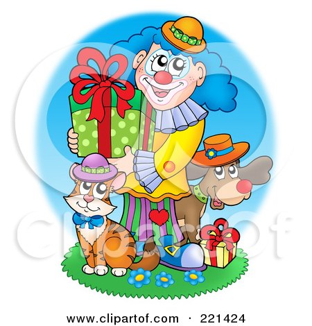 Royalty-Free (RF) Clipart Illustration of a Clown, Cat And Dog With Birthday Gifts by visekart