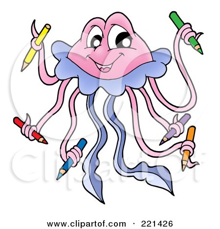 Royalty-Free (RF) Clipart Illustration of a Cute Pink Jellyfish Holding Colored Pencils by visekart