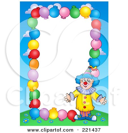 Royalty-Free (RF) Clipart Illustration of a Border Of Party Balloons, Blue Sky And A Clown Around White Space - 2 by visekart