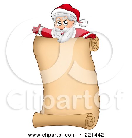 Royalty-Free (RF) Clipart Illustration of Santa Waving Over A Parchment Scroll Page by visekart