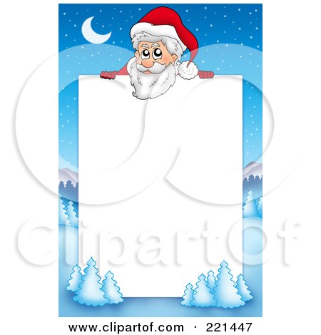 Royalty-Free (RF) Clipart Illustration of a Christmas Frame Border Of Santa Above A Winter Landscape Around White Space by visekart