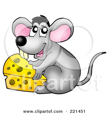 Royalty-Free (RF) Clipart Illustration of a Cute Gray Mouse Moving A Wedge Of Cheese by visekart