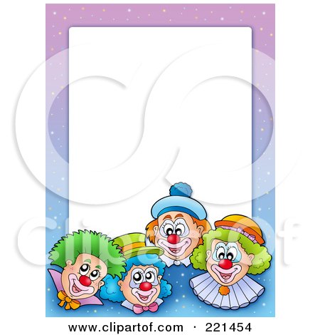 Royalty-Free (RF) Clipart Illustration of a Border Of Four Happy Clown Faces Around Purple And White Space by visekart