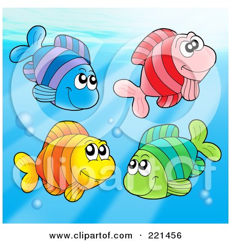 Royalty-Free (RF) Clipart Illustration of Four Colorful Fish Swimming With Bubbles - 1 by visekart