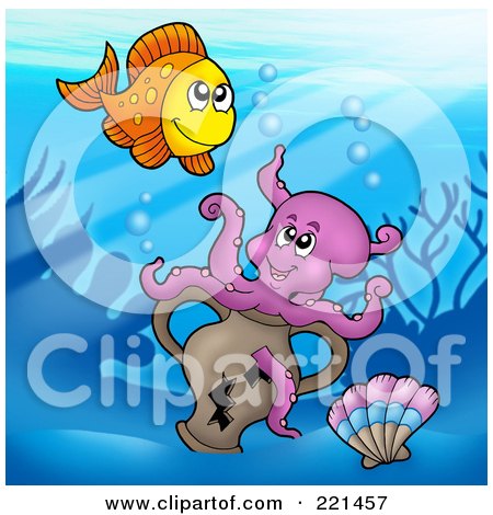 Royalty-Free (RF) Clipart Illustration of a Happy Fish And An Octopus By A Sunken Vase by visekart