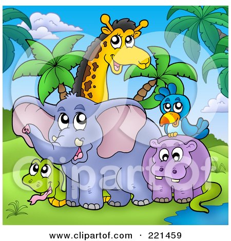 Royalty-Free (RF) Clipart Illustration of a Snake, Elephant, Hippo, Bird And Giraffe by visekart