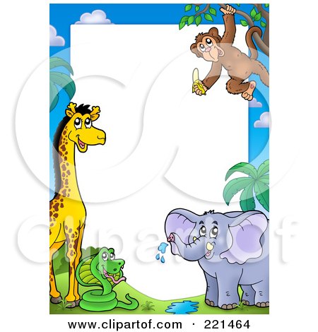 Royalty-Free (RF) Clipart Illustration of a Border Of A Giraffe, Snake, Elephant And Monkey Around White Space by visekart