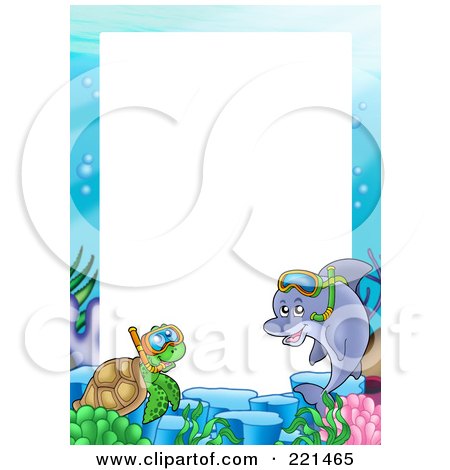 Royalty-Free (RF) Clipart Illustration of a Frame Of A Snorkeling Dolphin And Sea Turtle Around White Space by visekart