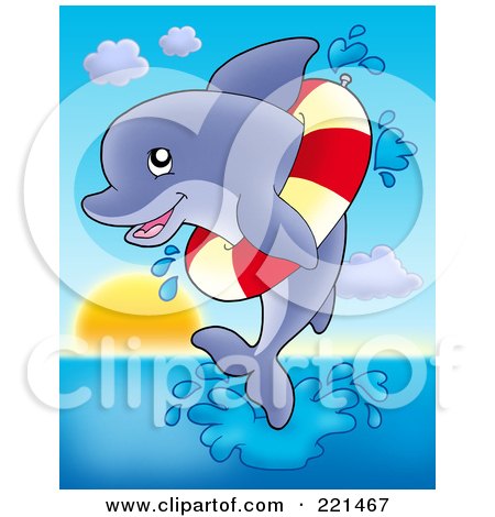 Royalty-Free (RF) Clipart Illustration of a Cute Dolphin Jumping And Wearing A Life Buoy by visekart