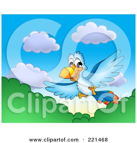 Royalty-Free (RF) Clipart Illustration of a Blue Parrot Flying Above Trees by visekart